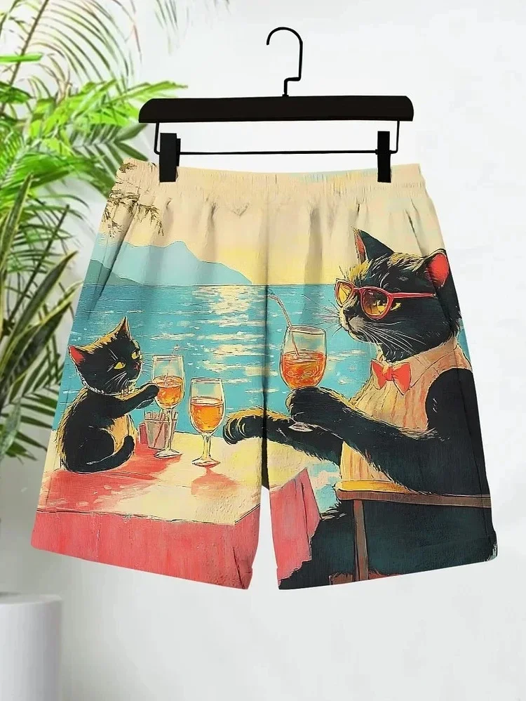 

Men's Summer Quick-drying Beach Shorts 3d Kitten Print Breathable Surf Pants Loose Holiday Seaside Casual Pants Mens Shorts