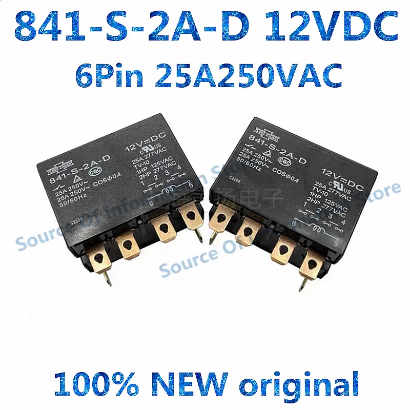 841-S-2A-D-12VDC, Power Relay, 6Pin, 25A250VAC, 100% New