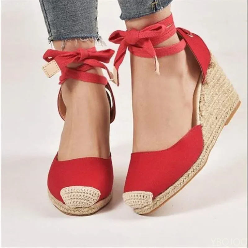 2026 Neue Damen-Sandalen mit großem Keilabsatz, dicker Sohle, Baotou-Tasche mit Fußringriemen, Stoffoberfläche, Hanfseil-Sandalen für Damen – Detail 2