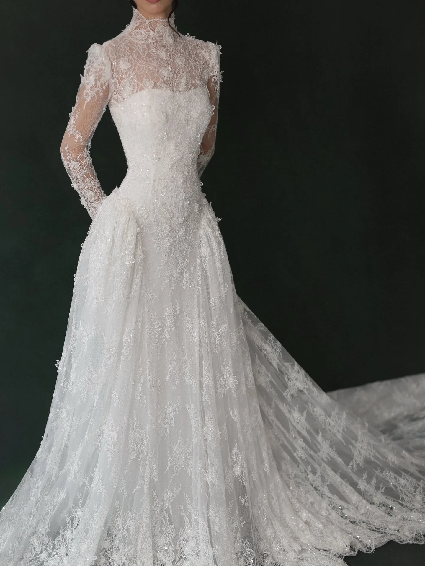 Sheer Fairy Wedding Dress Elegant A-Line High Neck Floral Lace Long Sleeves Beaded Dubai Luxury Bridal Gowns SW275 Customized