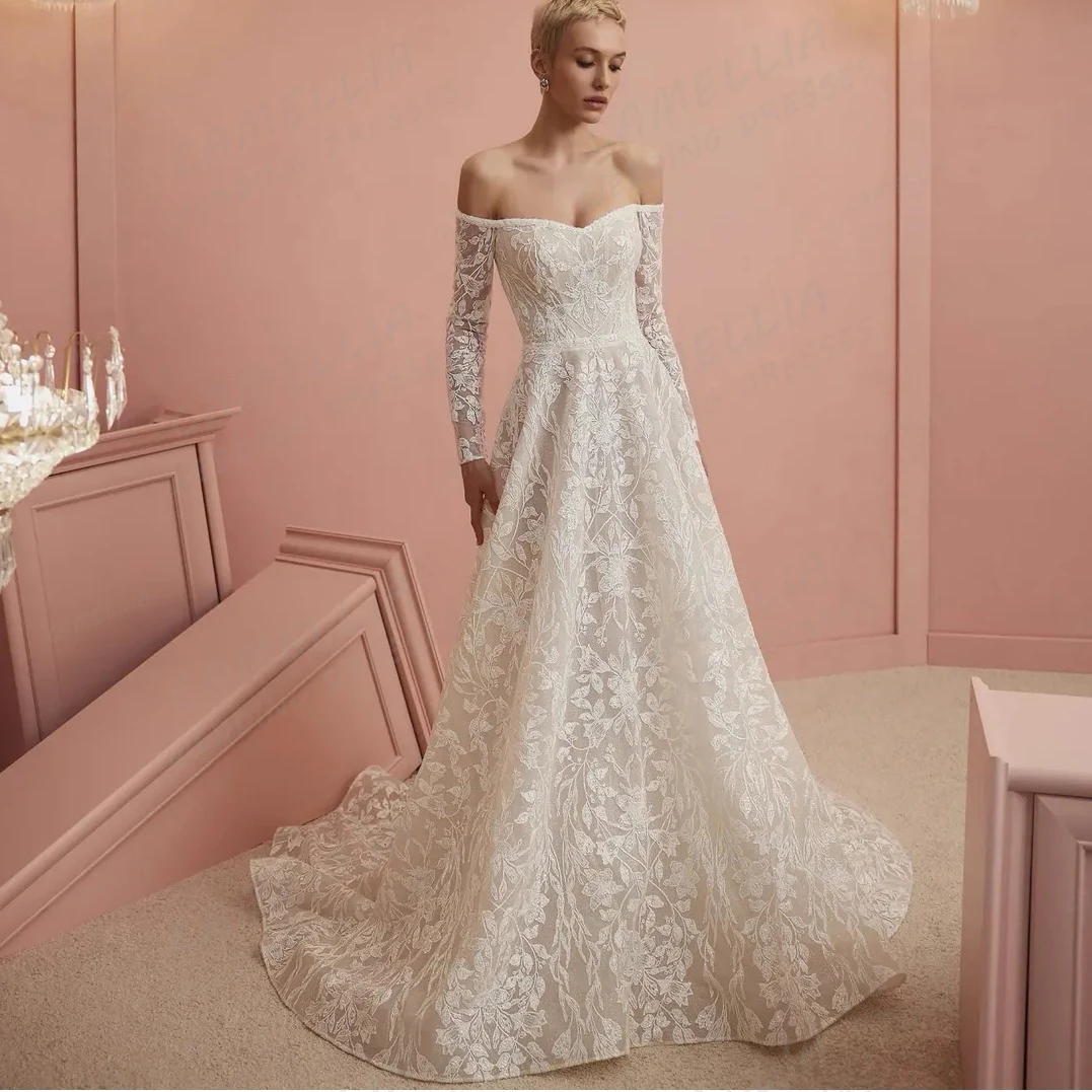 

Simple Appliques Wedding Dresses Customized Boat Neck Lace Women's A Line Bridal Gowns Appliques Formal Vestidos De Novia Gala