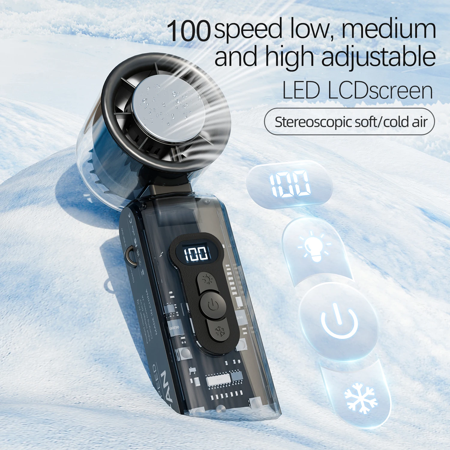 Ventilador de mão turbo dobrável recarregável de 3600mAh, mini ventilador de alta velocidade de 100 velocidades com luz LED para acampamento ao ar livre, caminhadas, viagens