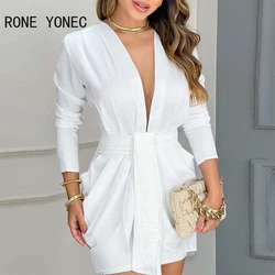 Women Chic Elegant Long Sleeves Deep V Neck Mini A Line Ruffles Formal Party & Working White Dresses