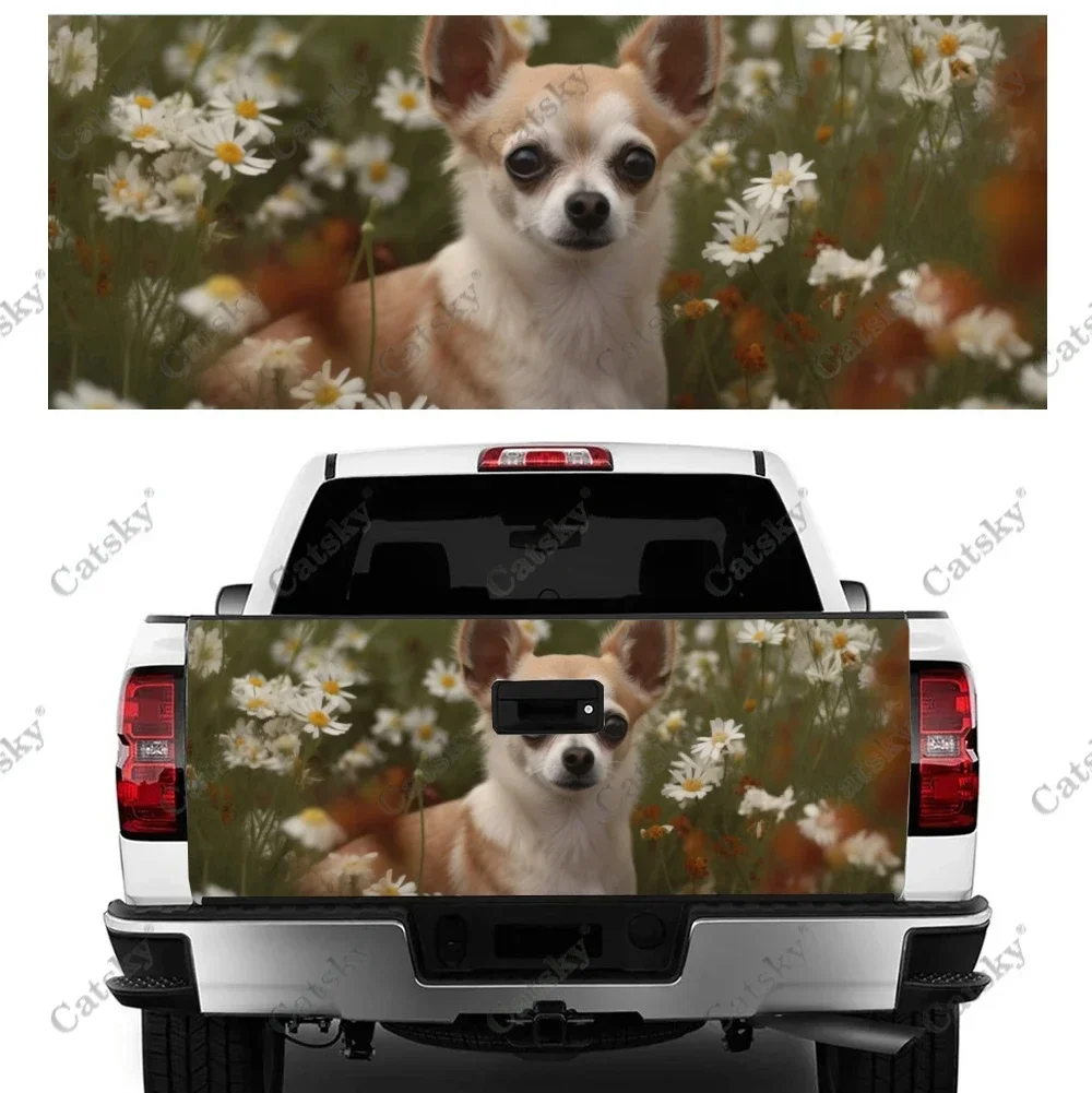 

Chihuahua In Flowers Field Truck Tailgate Wrap Professional Grade Material Universal Fit for Full Size Trucks Weatherproof