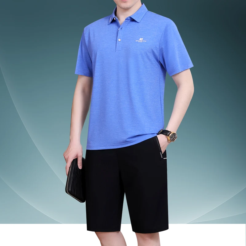 

Summer Faion Ice Silk ort Sve irt T-irt Set for Dad Middle-Aged Men Busin Casual Loose Fit Brand