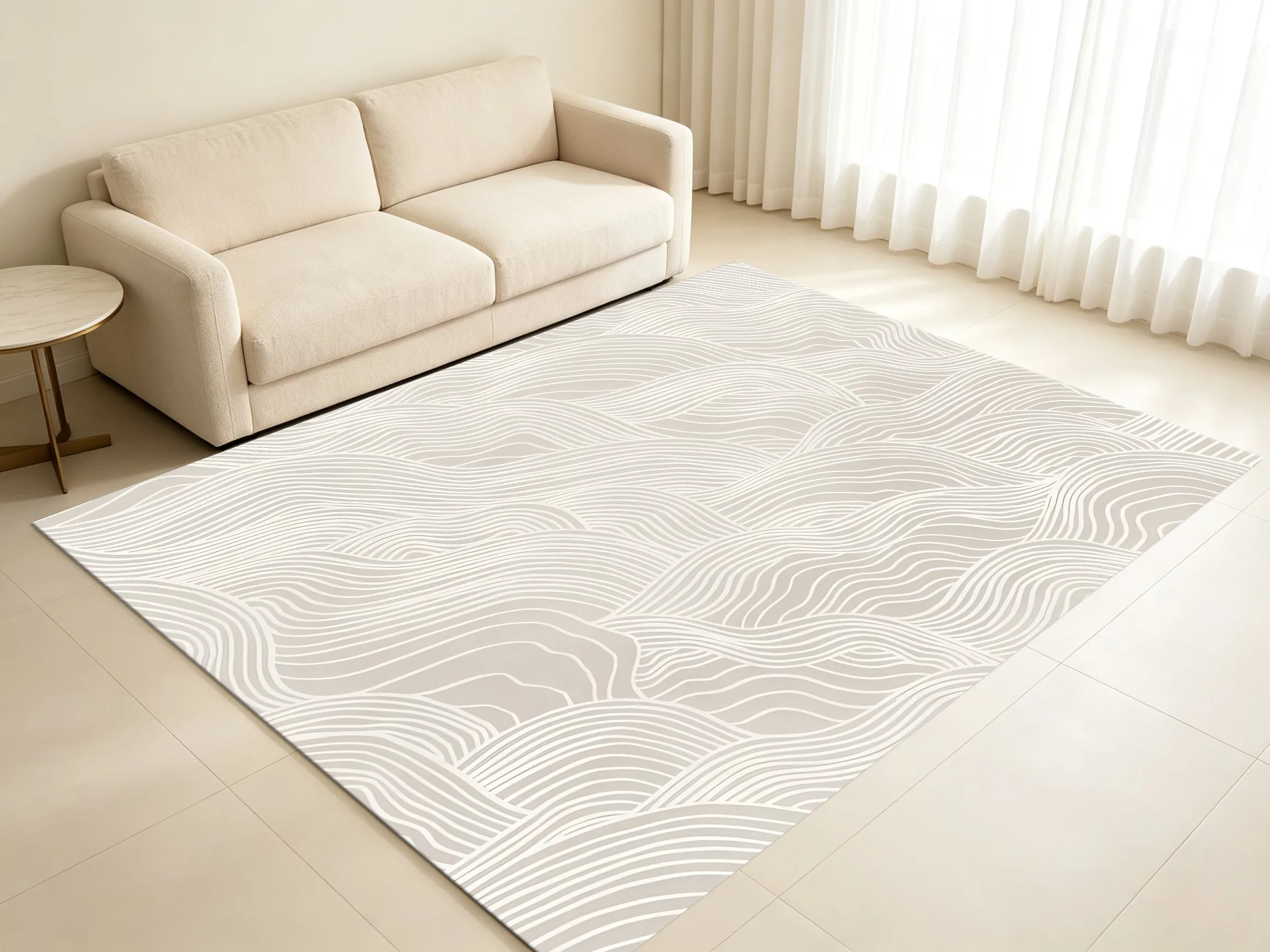 Velvet Rug Creamy White Flowing Wave Line Minimalist Cream Style for Living Room Bedroom Home Decor