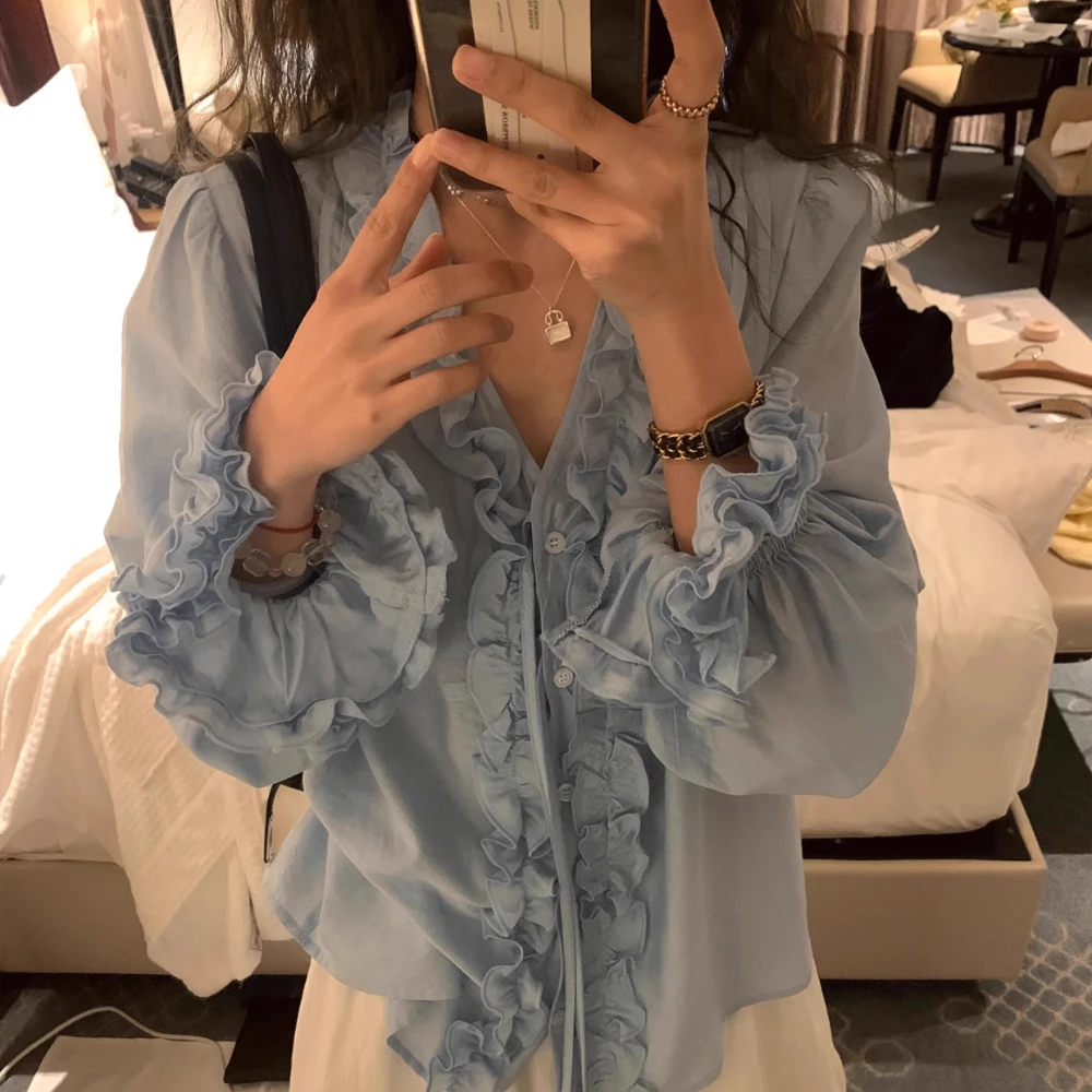 

2025 New Style French - Style Ruffled V - Neck Ruched Blouse for Women Spring & Summer Collection Long Sleeve Fresh Top Chic