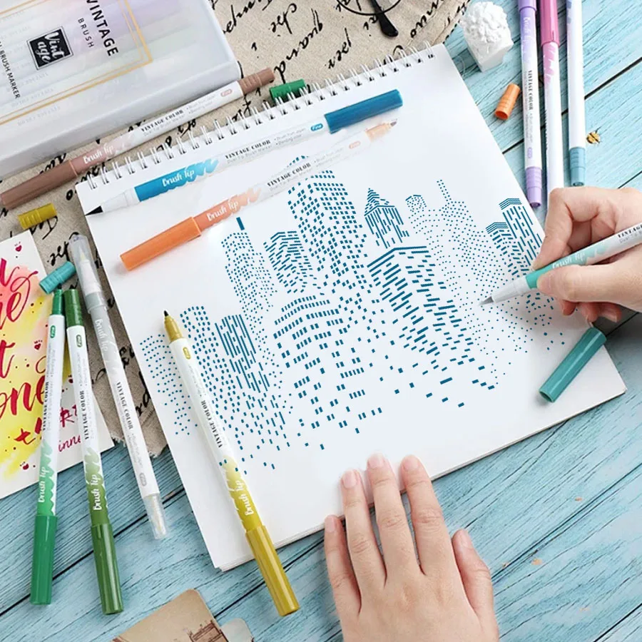 12*12 인치 도시 건물 해골 그림 템플릿, DIY 핸드북 낙서 장식 금형