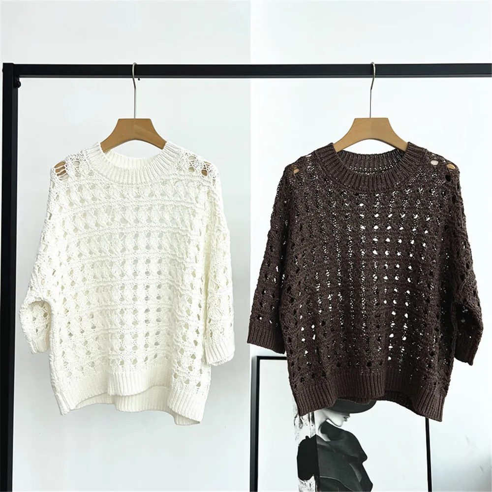 

25 Summer New Women's Loose Hemp Cotton Blended Round Neck Solid Color Hollow Knitted Short Sleeve Top