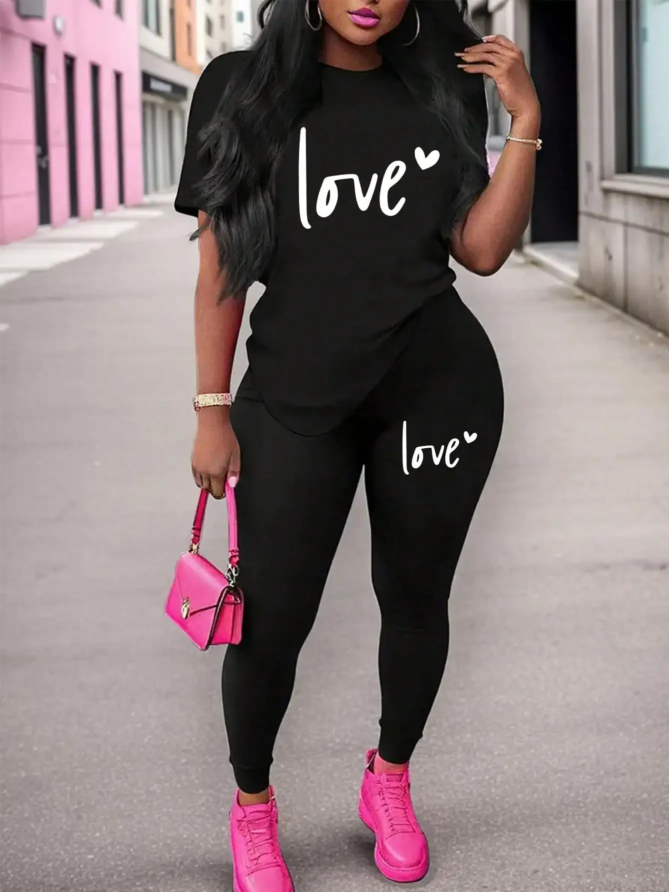 Women's Spring Summer Casual Two-Piece Set Love Expressing Round Neck Short Sleeve T-Shirt And Pants Outfit
