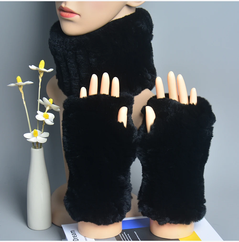 One Set Women Real Rex Rabbit Fur Cuff+Headband Winter Warmer Hat Arm Wrist Sleeve Gloves Female Real Fur Cap+Elastic Wristband