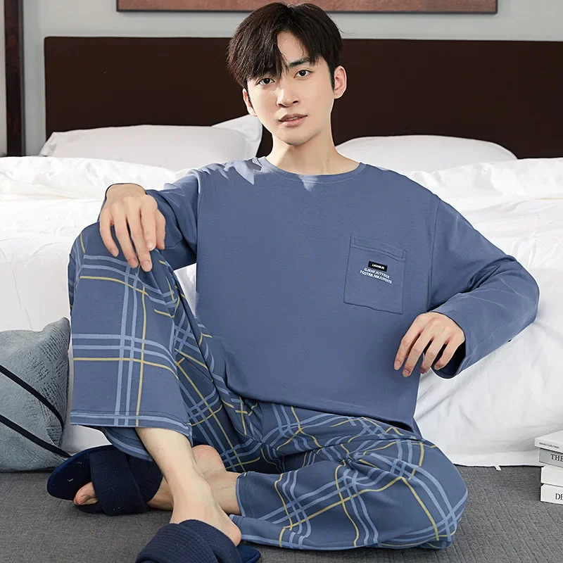 Men Casual Pajamas Suit Autumn Winter Comfortable Pure Cotton Loose Sleepwear Male Large Size Long Sleeves Long Pants Homecloth