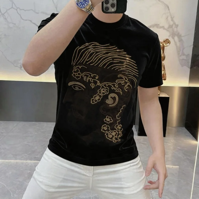 Autumn Short Sleeved Velvet T-shirt Men's Luxury Rhinestone Round Neck Casual Business T-shirts Slim Fit Streetwear Men Clothing