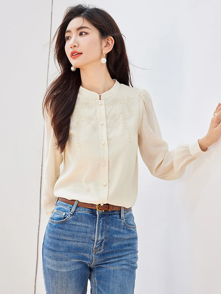 Women\'s 2024 Autumn New Chinese Style Embroidered Long Sleeve Blouses Fashion Commuting Shirts Elegant Tops