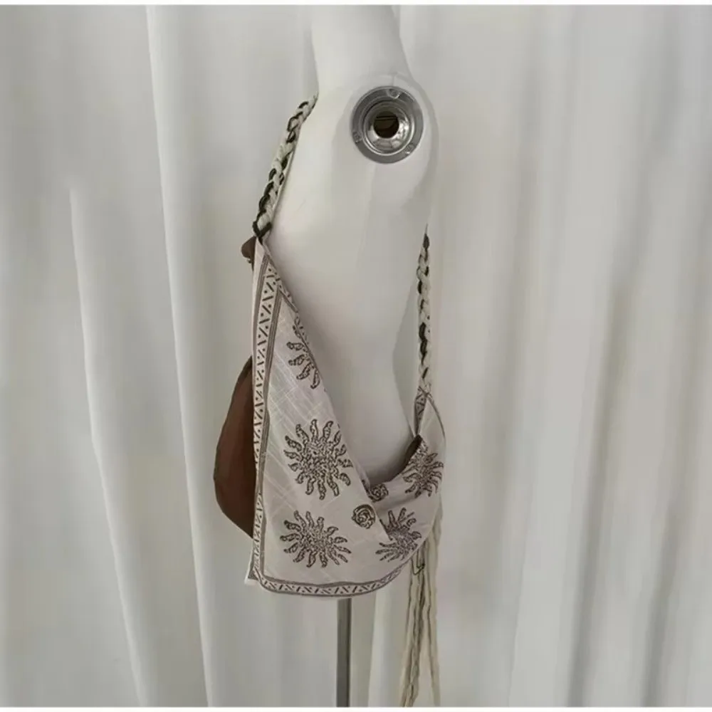 Retro Bohemian Triangle Shoulder Bag Ethnic Style Linen Print Retro Handbag Tassel Detail Rope Women Crossbody Bag daily