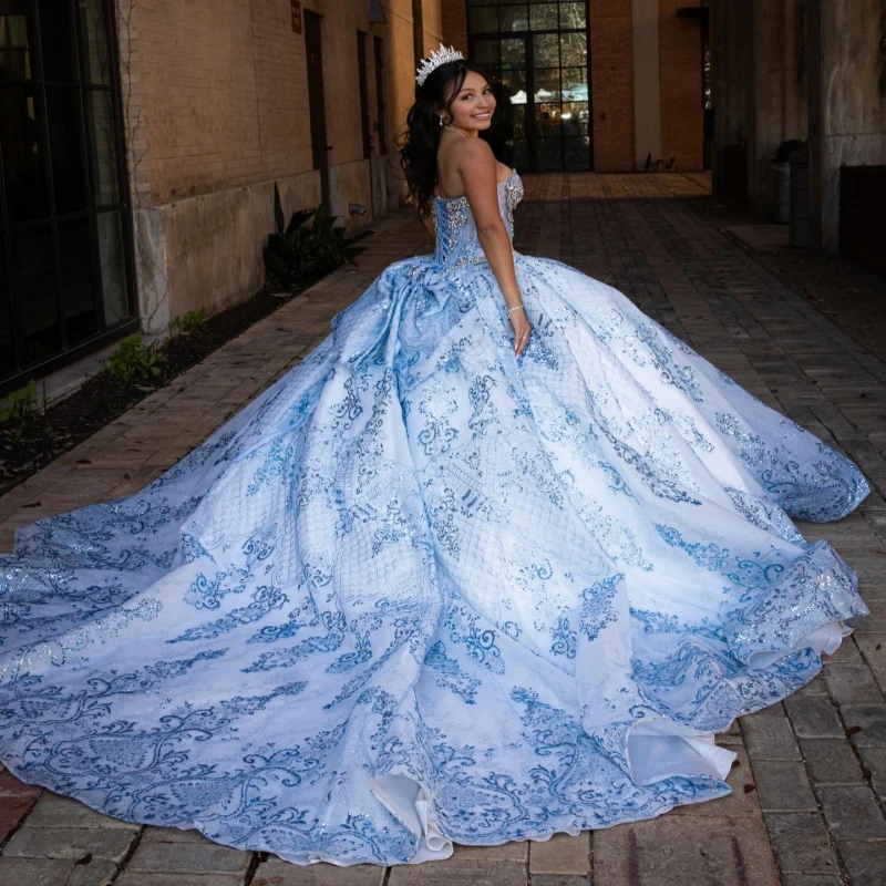 

Light Blue Shiny Ball Gown Quinceanera Dresses 2026 Sequin Applique Beading Crystal Bow Tull Off Shoulder Sweet 16 Dress Years