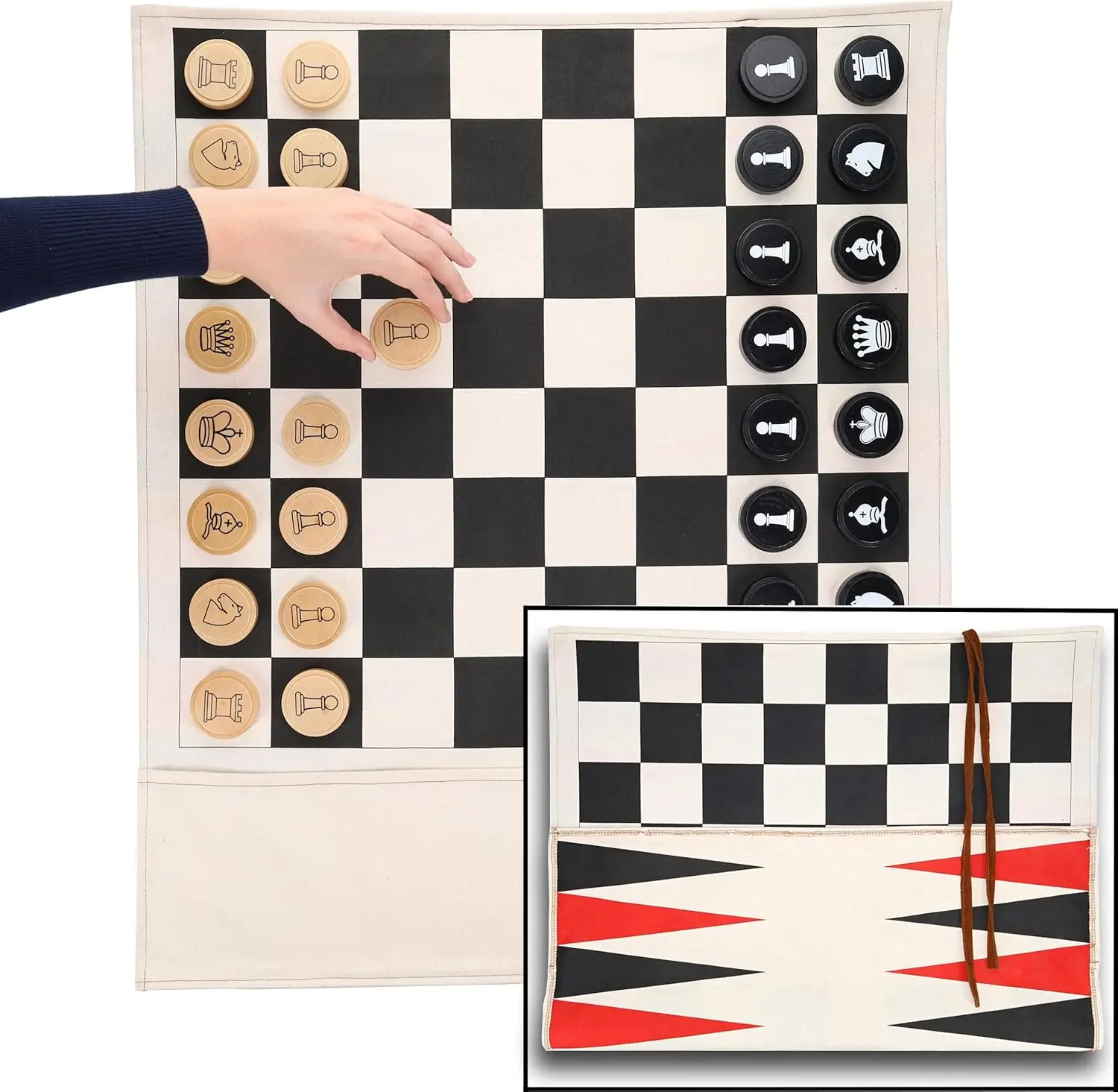 

Cloth Rollup Travel Chess, Checkers and Backgammon Game Set