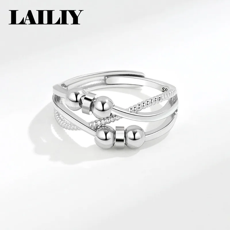 LAILIY925 Sterling Silver Birthday Gift Party Openwork Double Chain Round Beads Round Adjustable Ring For Women Fashion Jewelry