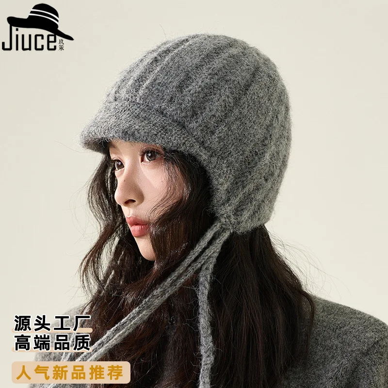 

Knitted Hat Girls Personalized Showing Face Small Flow Rate Duck Tongue Yarn Hat Ear Bag Thickened Flying Hat Gorro 4m745