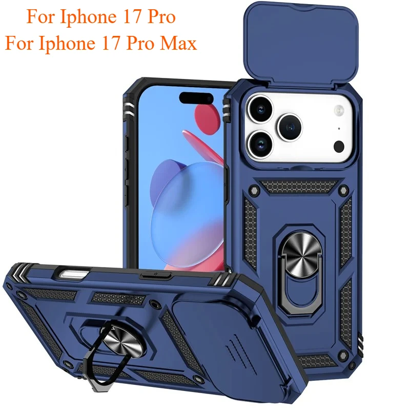 Ring Stand Rotating Slide Camera Lens Military Grade Armor Case for iPhone 17 16 E 14 13 12 11 15 Pro Max Plus Mini Cover