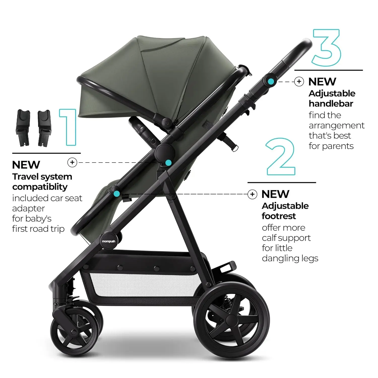 Mompush Meteor 2 Baby Stroller 2-in-1 with Bassinet Mode, Compatible with Infant Car Seat, Adapter Included - Stable Bassinet