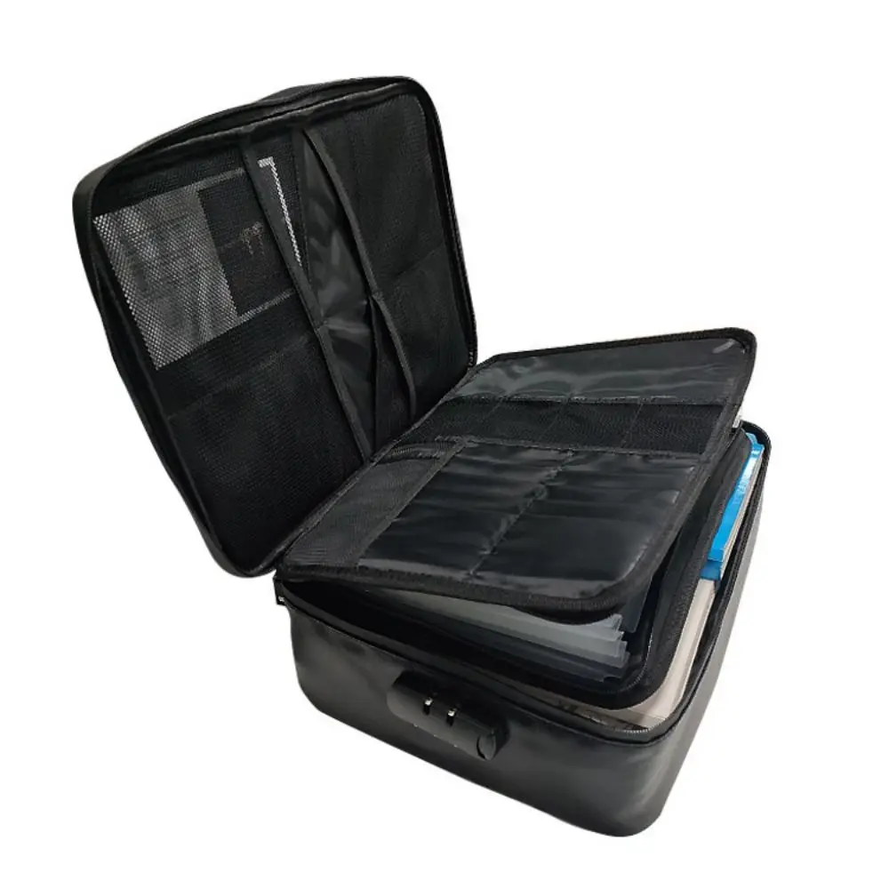 Waterproof Fireproof Document Bag With Lock Multi-Layer Black File Organizer Box Zipper Travel File Safe Accordion File Folder