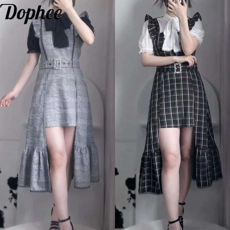 

Dophee Original Japan Style Grid Splicing Ruffles Irregular Women Dress Sets Elegant Bow Collar Short Sleeve Tailed Dress Suits