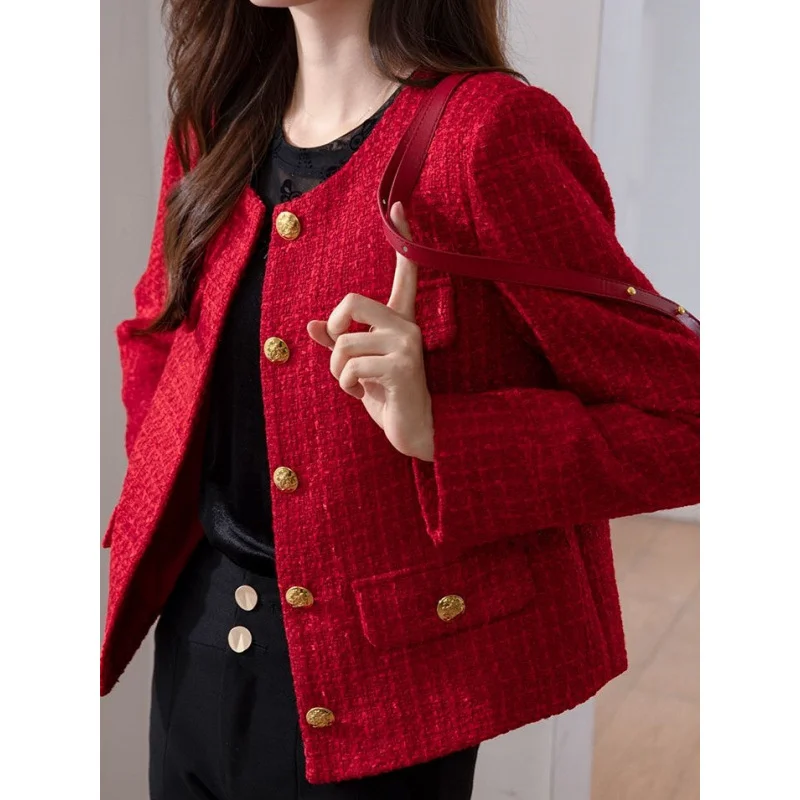 2024 New Women's Jacket Autumn Korean Fashion Tweed Small Fragrance Short  Blazers Female Tops Elegant Red Outerwear Ladies