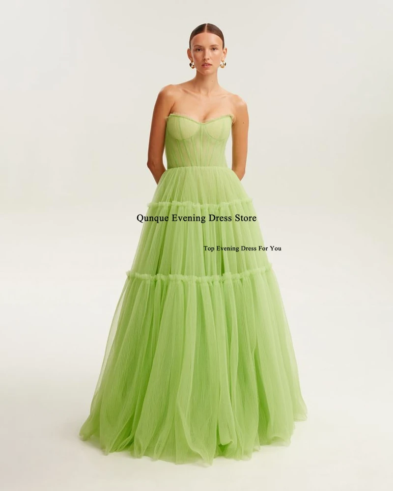 Qunque A-line Tulle Prom Dresses Customized Pleat Evening Dresses Sleeveless Skirt Ruched Floor Length Formal Event Dresses 2024