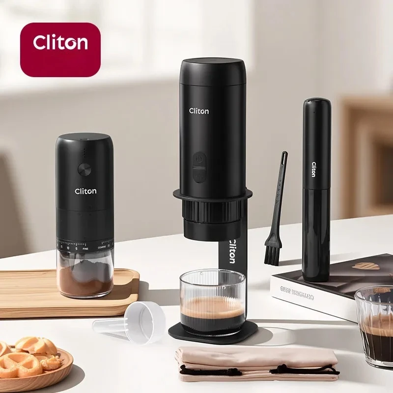 Cliton Portable Electric Espresso Coffee Maker Set With Coffee Grinder Extraction Utensils For Travel Outdoor Home Office