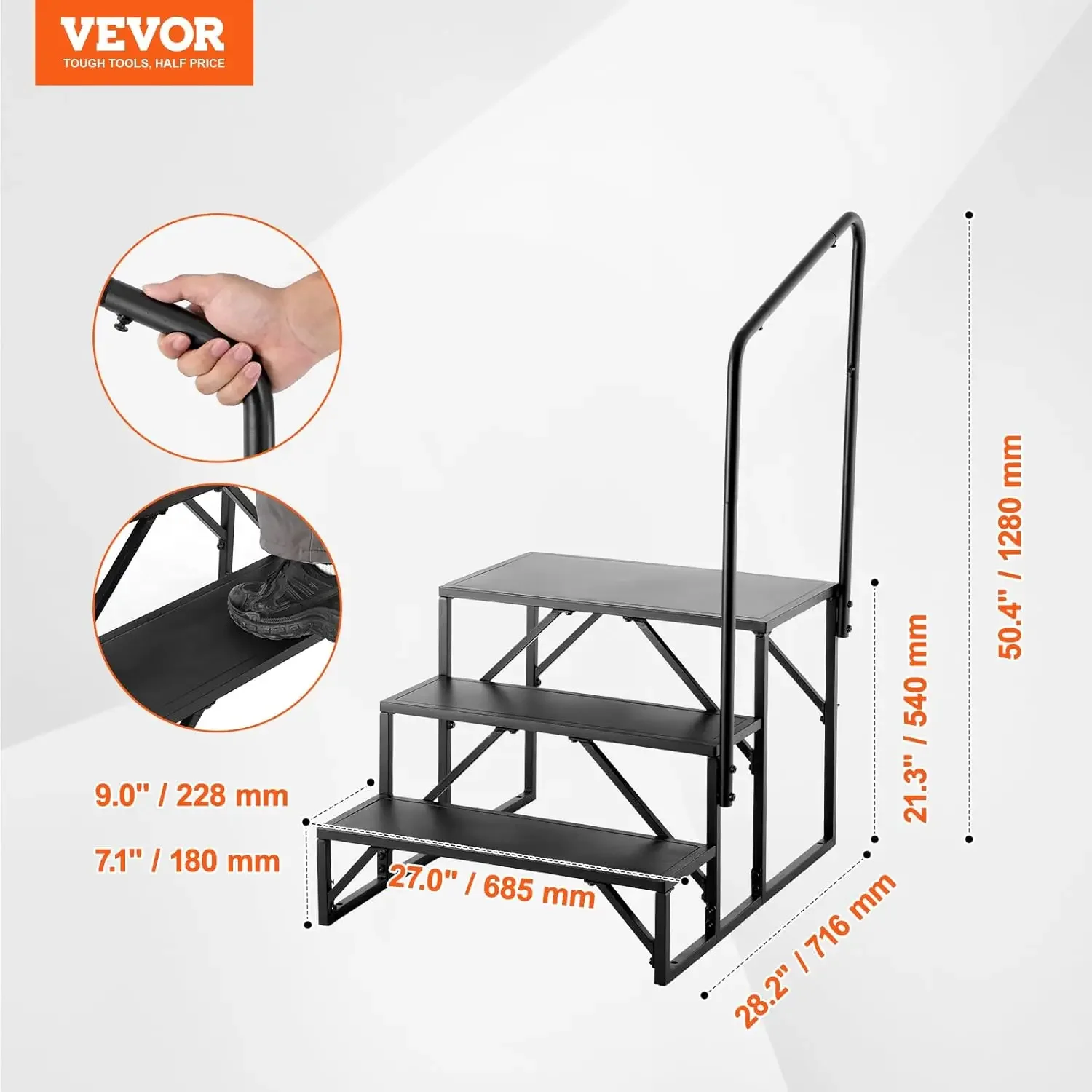 RV Steps, 3-Step RV Stairs, 440 LBS Load Capacity, Thickened Carbon Steel, with Handrail, Non-Slip Steps for Safe Entry and Exit