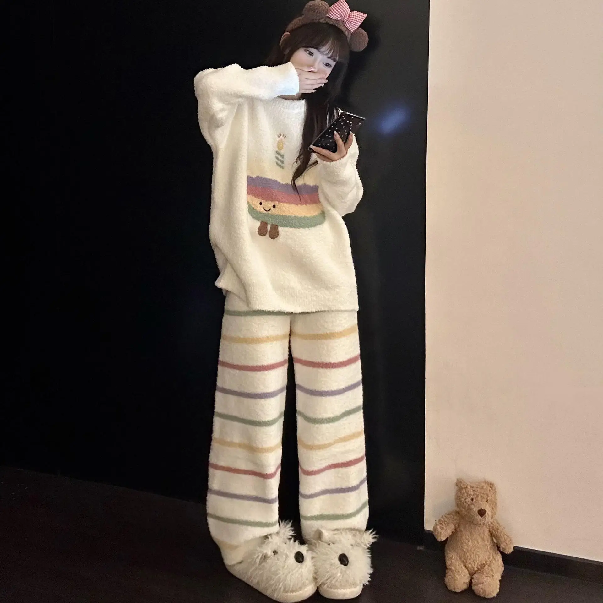 

Kawaii Радужный пижамный комплект, женский зимний толстый теплый пижамный комплект из кораллового флиса, милая одежда для отдыха с героями мультфильмов, мягкая плюшевая домашняя одежда