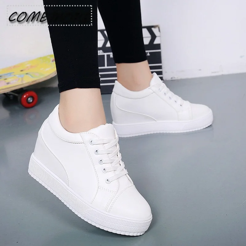 Black White Hidden Wedge Heel Casual Shoes Platform Summer Autumn Women\'s New High Heel Shoes Sneakers Female Tennis Lace-up PU