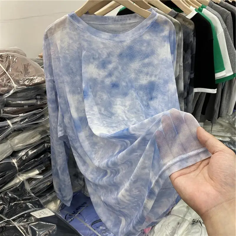 Ice Silk Loose Long Sleeve Base Shirt Women's Summer Thin Layered Wear Mesh Dyeing T-Shirt Korean Style Commute Top