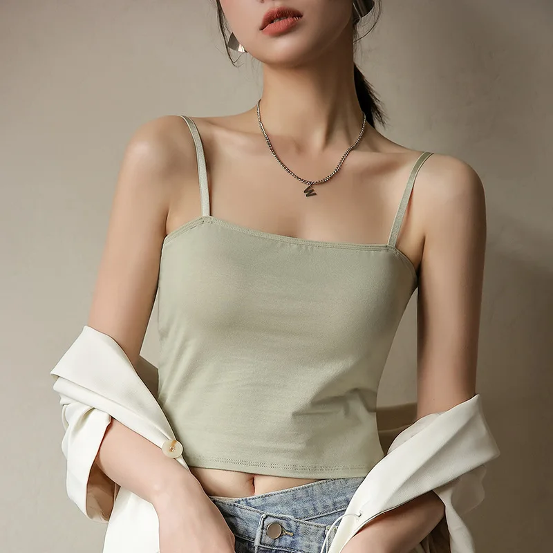 Women Basic Solid T Shirt Cotton Tank Tops With Chest Pad Slim Spaghetti Camisole With Bras Home Daily Wear Tops Sport Yoga Vest