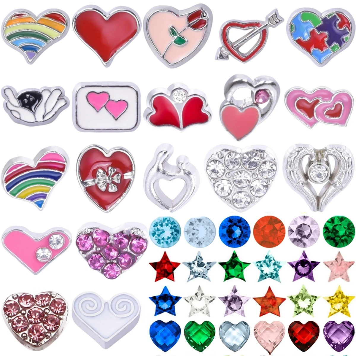 20Pcs Crystal Cute Rainbow Puzzl Heart Love Floating Charms Angel Love Letter Breloque Fit  Locket Collier Jewelry Making