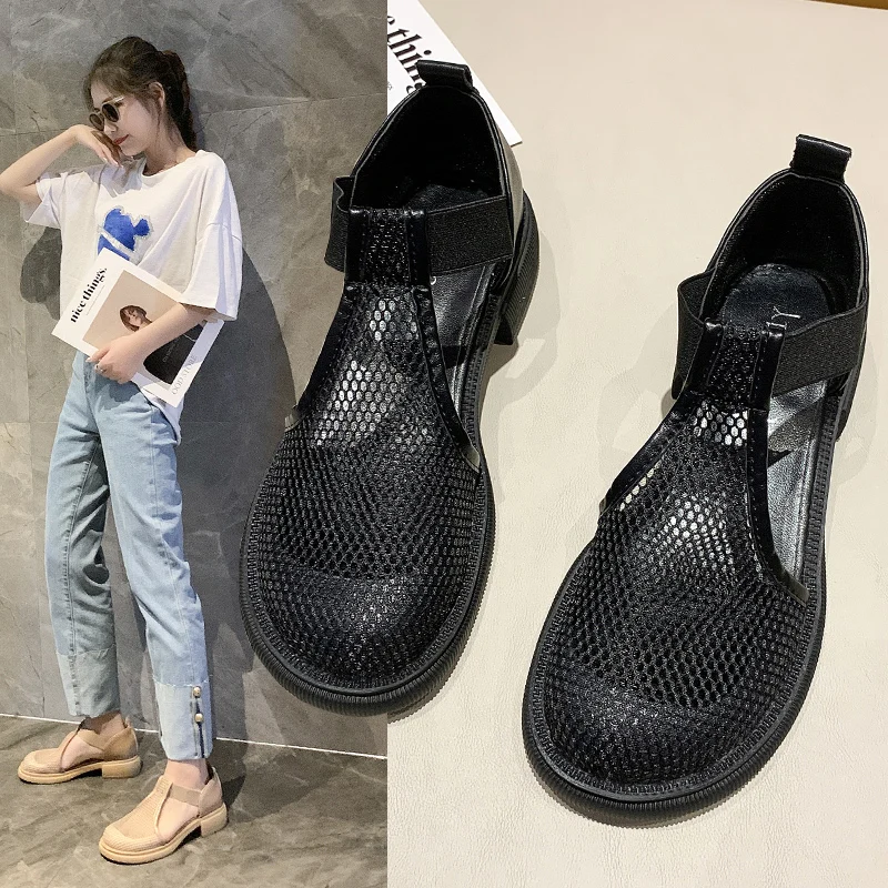 Closed Toe Sandals Black Shoes for Women Med 2024 Summer Breathable Beige Medium Fashion New Flat Comfort Girls Outside Buckle S