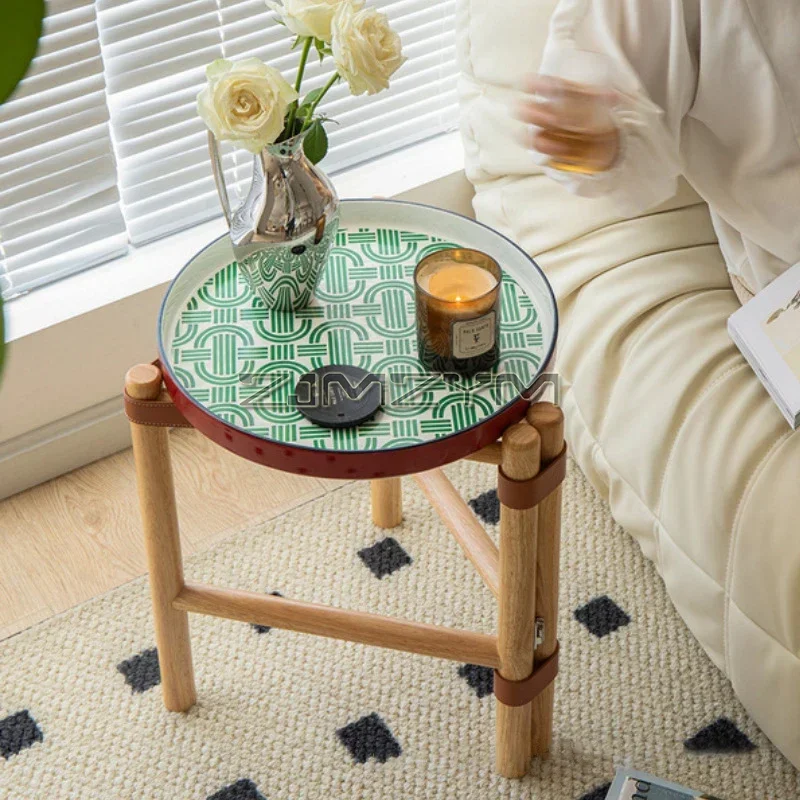 Round Side Table with 40cm Ceramic Tray, Wood Stand End Table for Small Spaces, Nightstand for Living Room, Bedroom