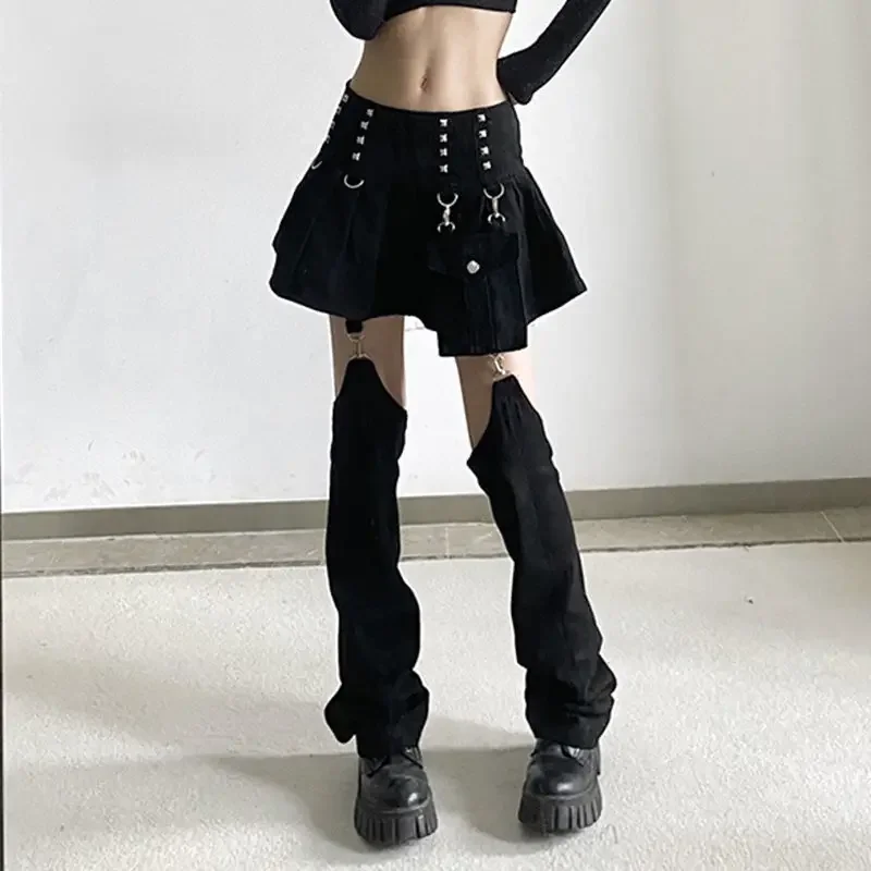 

Retro Dark Style Y2K Loop Buckle Patchwork Hollowed Out Jeans Skirt Pants for Women's Personality Spicy Girl Dance Pants