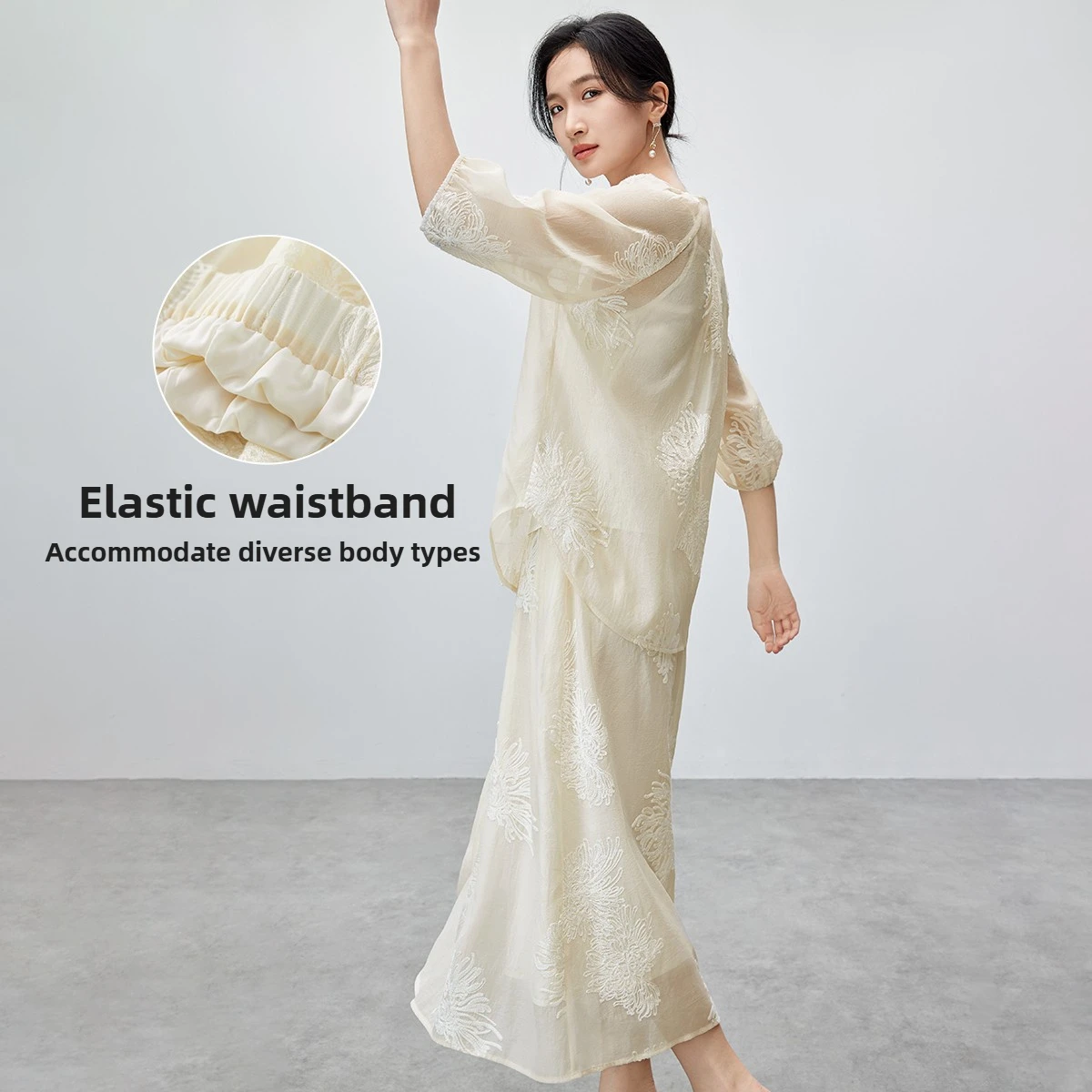 SENTUBILA Casual 3 Piece Skirt Sets Women 2025 Summer Chinese Style Embroidery Apricot Skirt Suit Lady Clothing 142Z55346