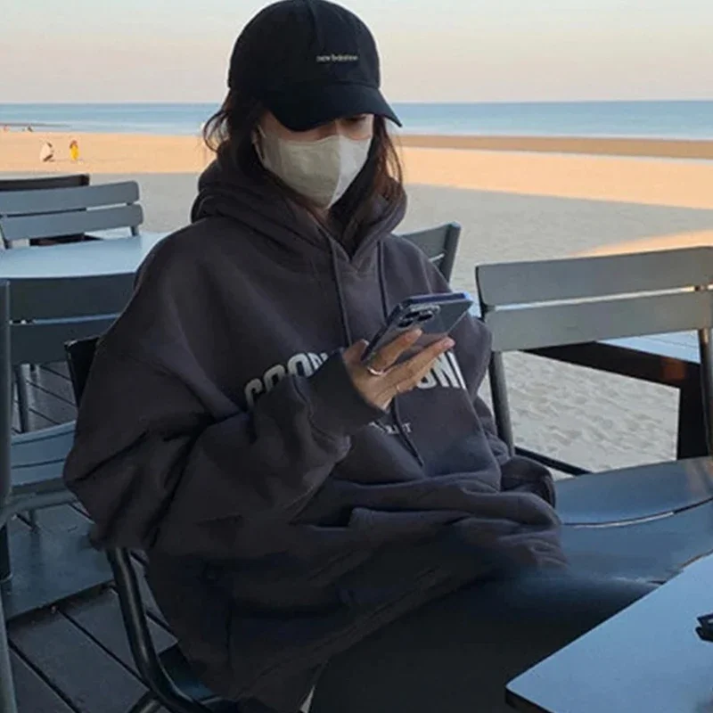 

Winter Autumn Oversized Letter Print Hoodies Women Vintage Loose Hooded Grunge Streetwear Sweatshirt Y2k Clothes Warm Pullovers
