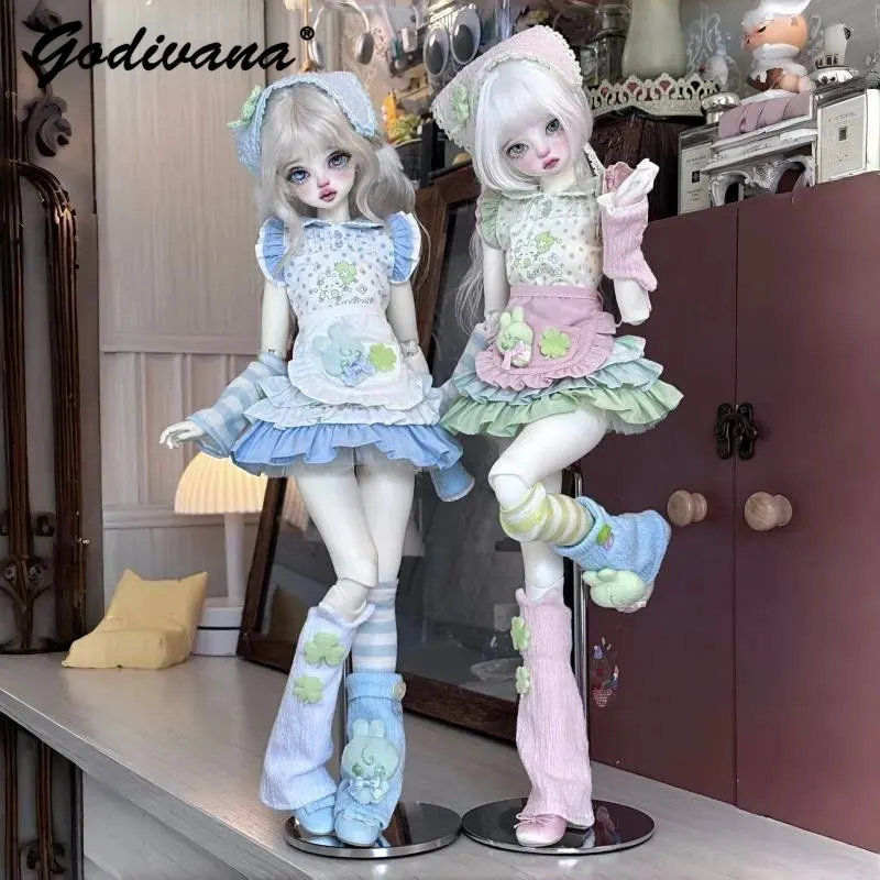 Berry Clover Print Doll Outfit Cute Ruffle Trim Cake Lolita Dress with Apron Fit Large 1/4, Standard 1/4 & Chubby 1/4 BJD Body