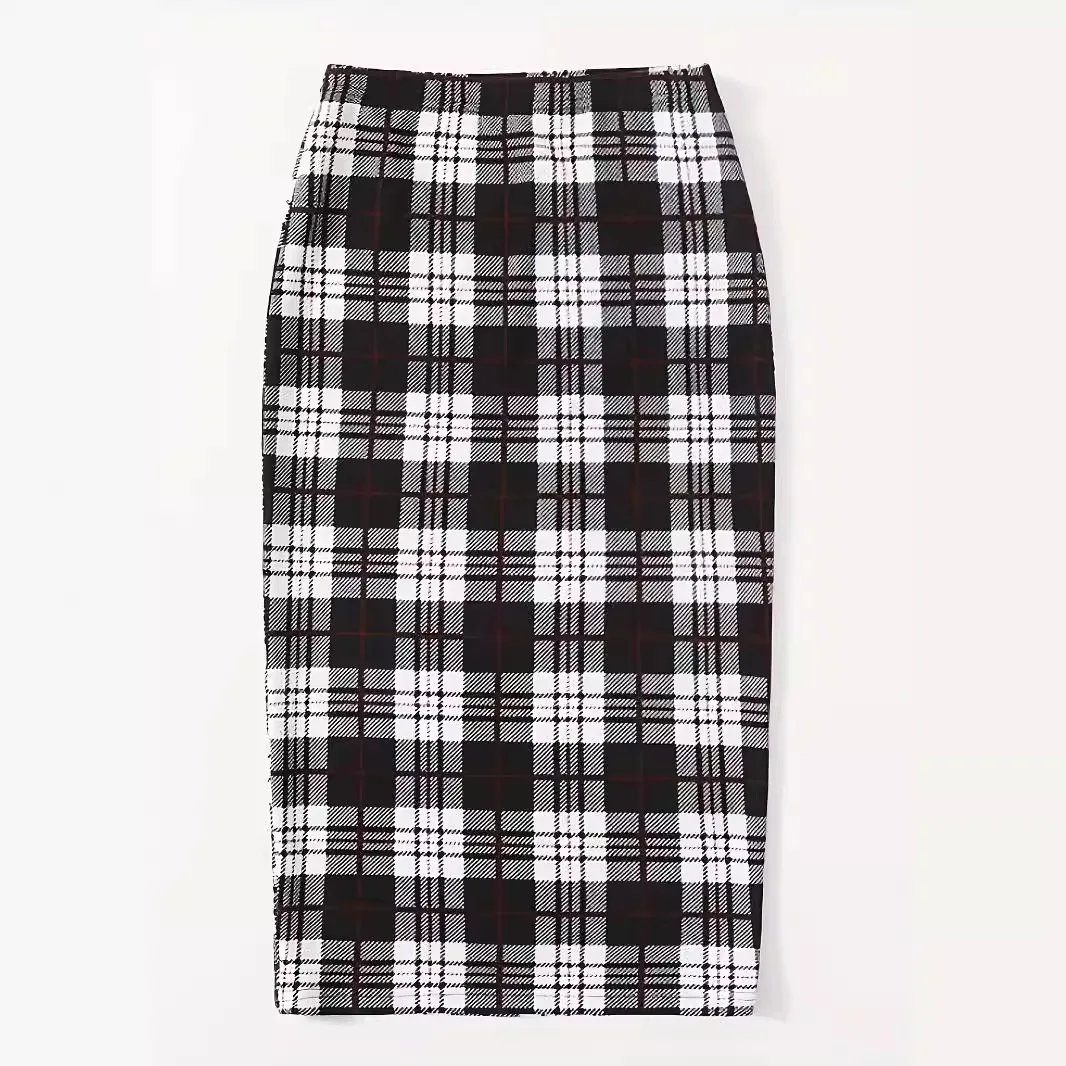 Saia midi xadrez de cintura alta feminina, ajuste fino na altura do joelho, estilo europeu americano para moda plus size