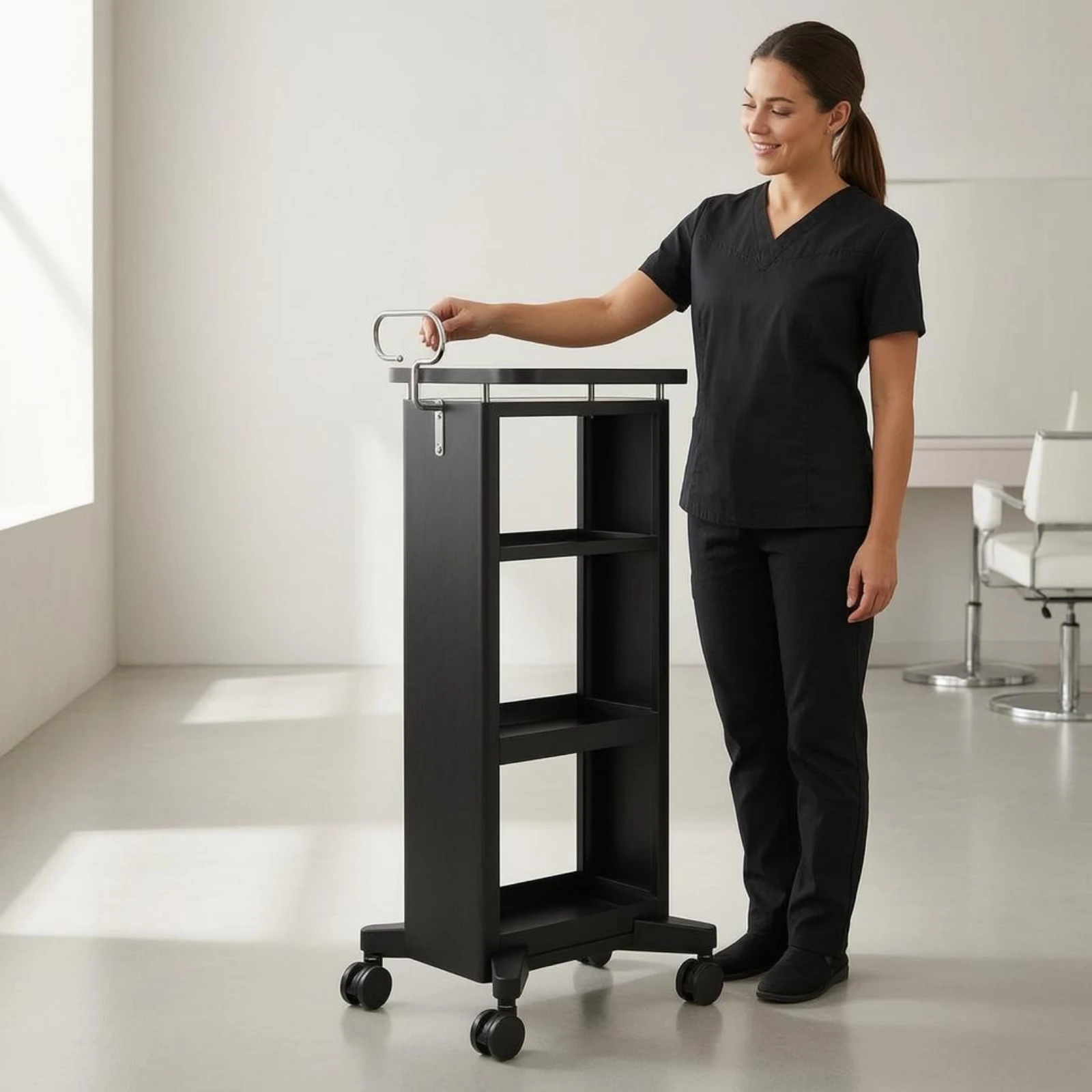 Salon Trolley Black Hairdressing Trolley Hair Stylist Station Wheeled Rolling Cart Space Saving for Hairdressers