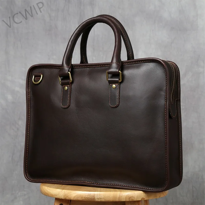 Retro Men's Briefcase Laptop Bag Luxury Brand Bag Top Layer Cowhide Casual Handbag Business Shoulder Leather Cowskin Bag