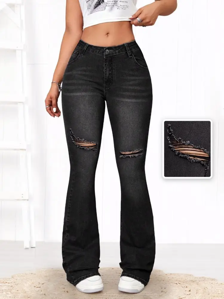 

Fashionable black ripped denim flared pants