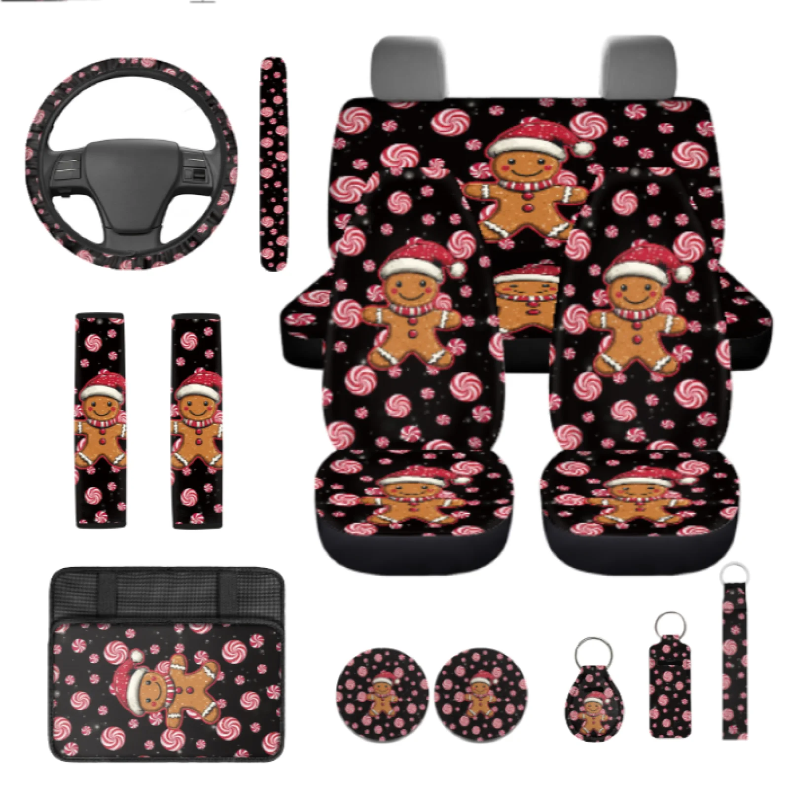 Coloranimal Candy 13 PCS Car Accessories Set with Non-Slip Seat Belt Covers and Keychain for Auto Interior