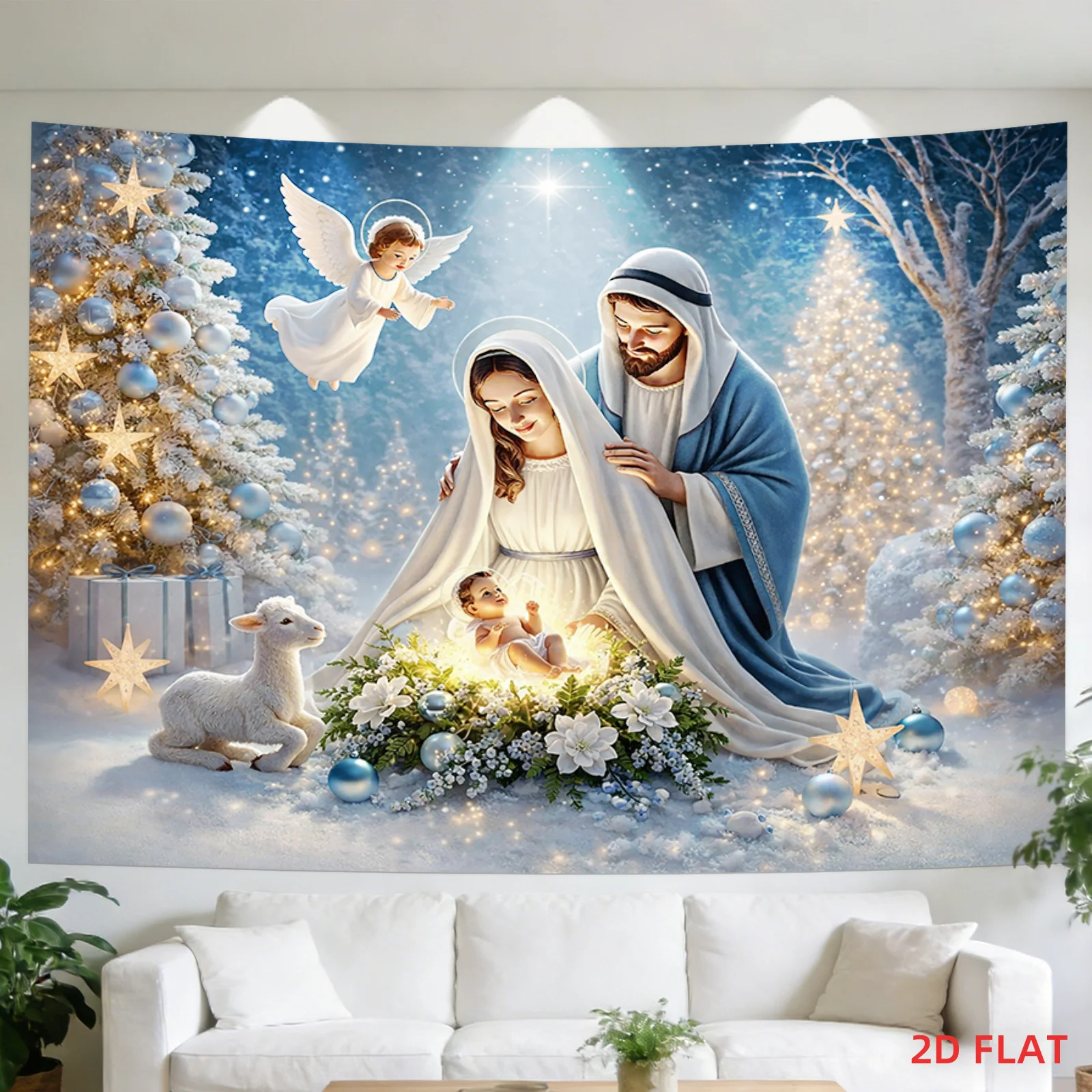 Holy Family Tapestry, Christmas Nativity Scene Wall Hanging, Baby Jesus Decor, Religious Xmas Backdrop, Winter Angel Poster