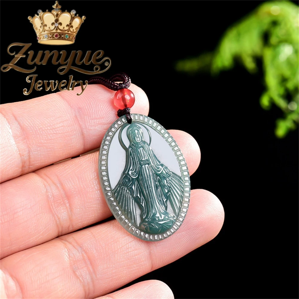 High-end natural a-grade jadeite azul água virgem maria pingente jade requintado pingente para homens e mulheres moda jóias