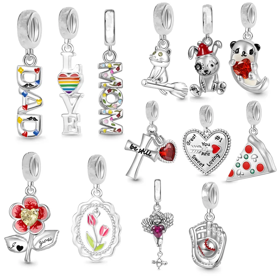 New Arrivals Punk Rabbit，Playful Cat，Dad & Mom Dangle Charm Beads Fit Original 925 Sterling Silver Pandora Bracelet Jewelry Gift